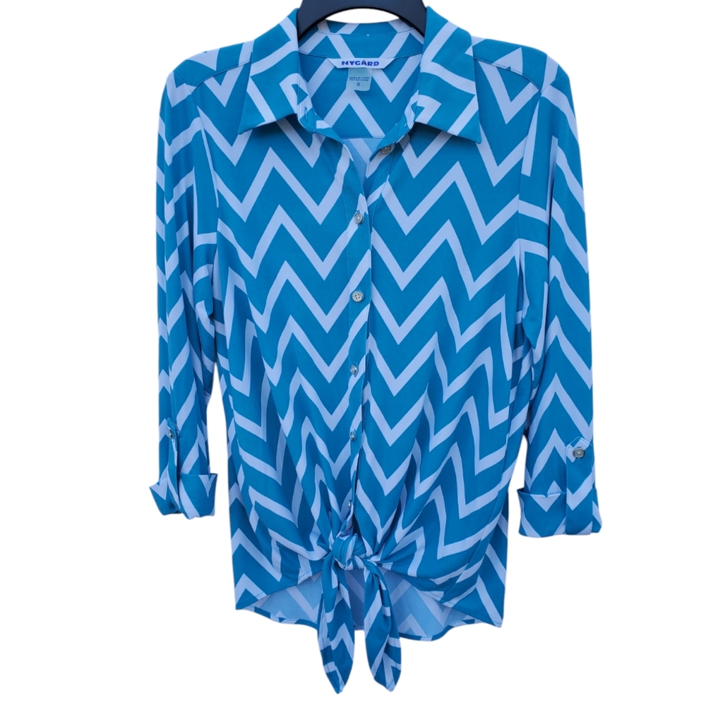 Peter Nygard Blue White Chevron 3/4 Sleeve Tie Front Blouse Small